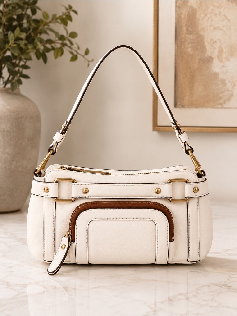 Vintage Banana Republic Y2K White Leather Baguette Shoulder Bag Buckle Pocket Pu